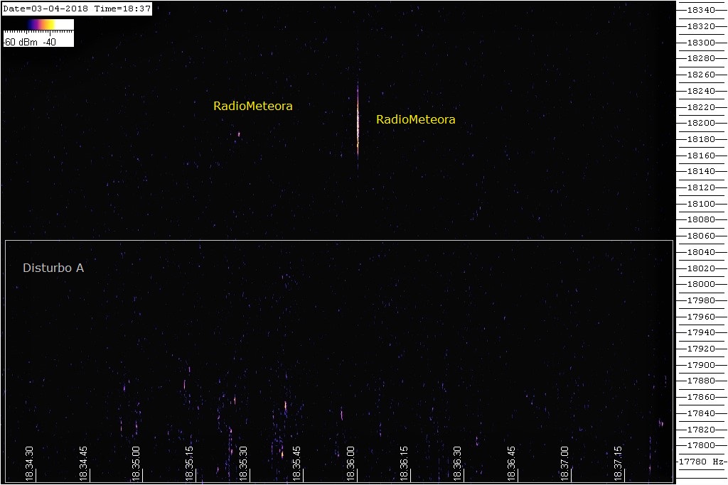 Spettrogramma dove si vedono due "radio-meteore" e un disturbo presente nella parte bassa della banda di misura.